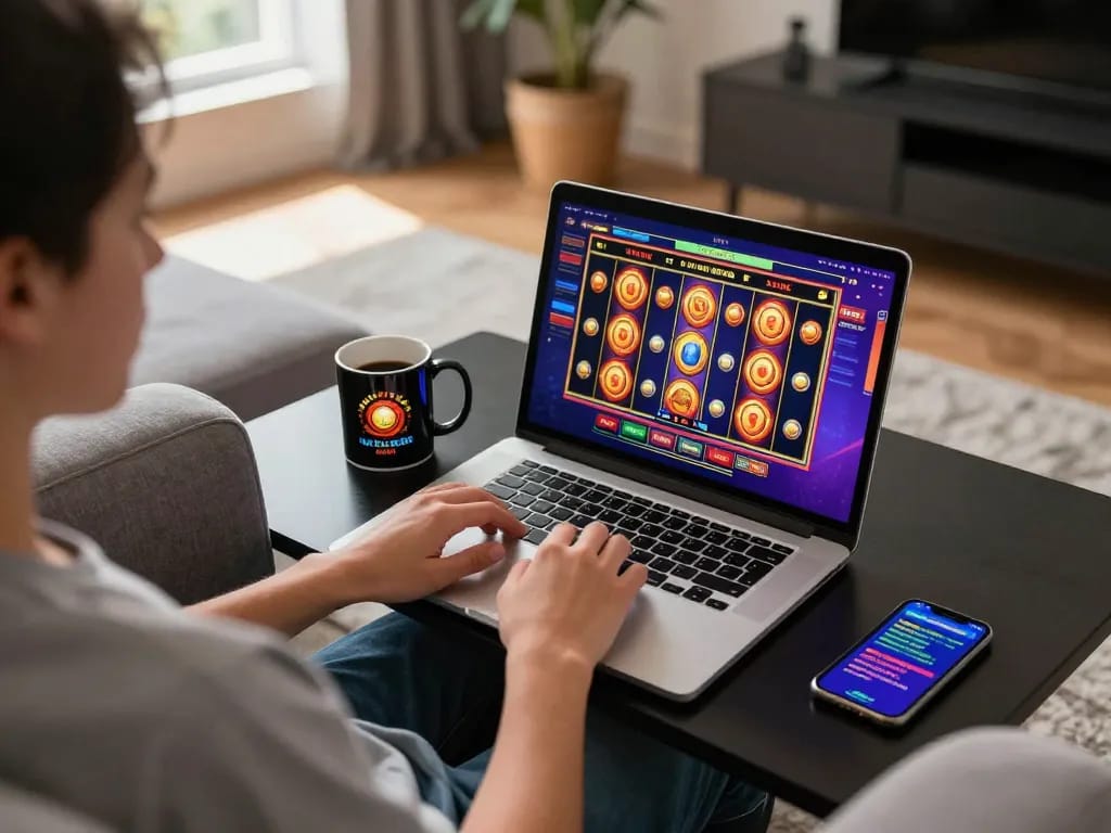 Player engaging with TR88SEO online casino on laptop during a cozy home gaming session
