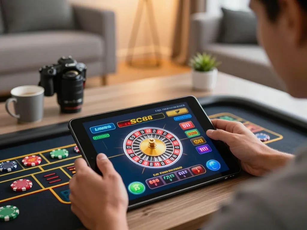 A player enjoying SC88 online roulette on tablet surrounded by a cozy home setting
