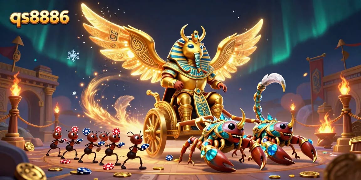 Engage in thrilling gameplay at qs8886 featuring golden scarabs and poker chips in a vibrant casino scene.