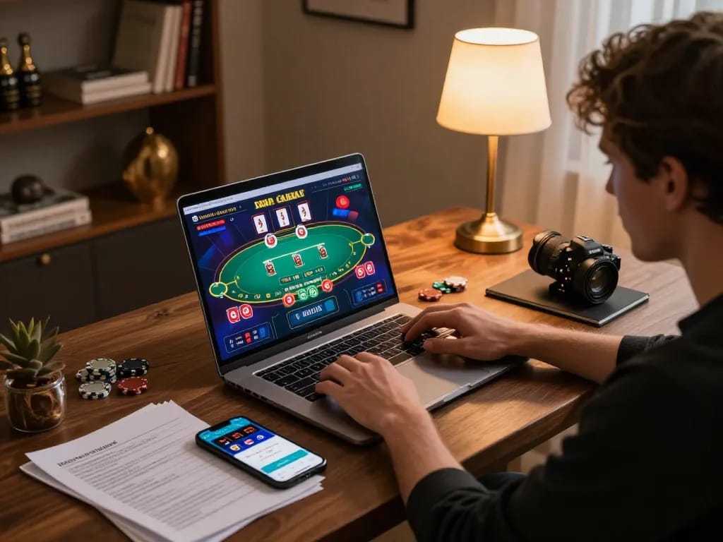 Engaging in online gambling strategies with s666no1 gaming interface displayed on a laptop at home