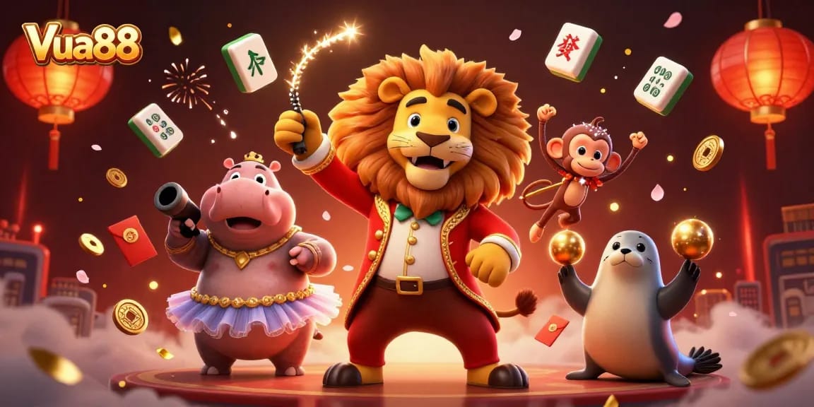 Engage in thrilling gameplay with Vua88's vibrant circus scene featuring iconic characters and dynamic casino elements.