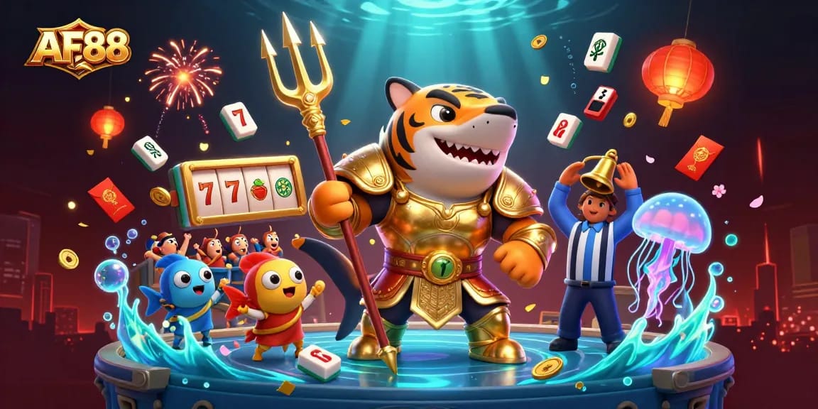 Experience exhilarating slot action at AF88 with a dynamic underwater scene featuring a tiger shark in gladiator armor.