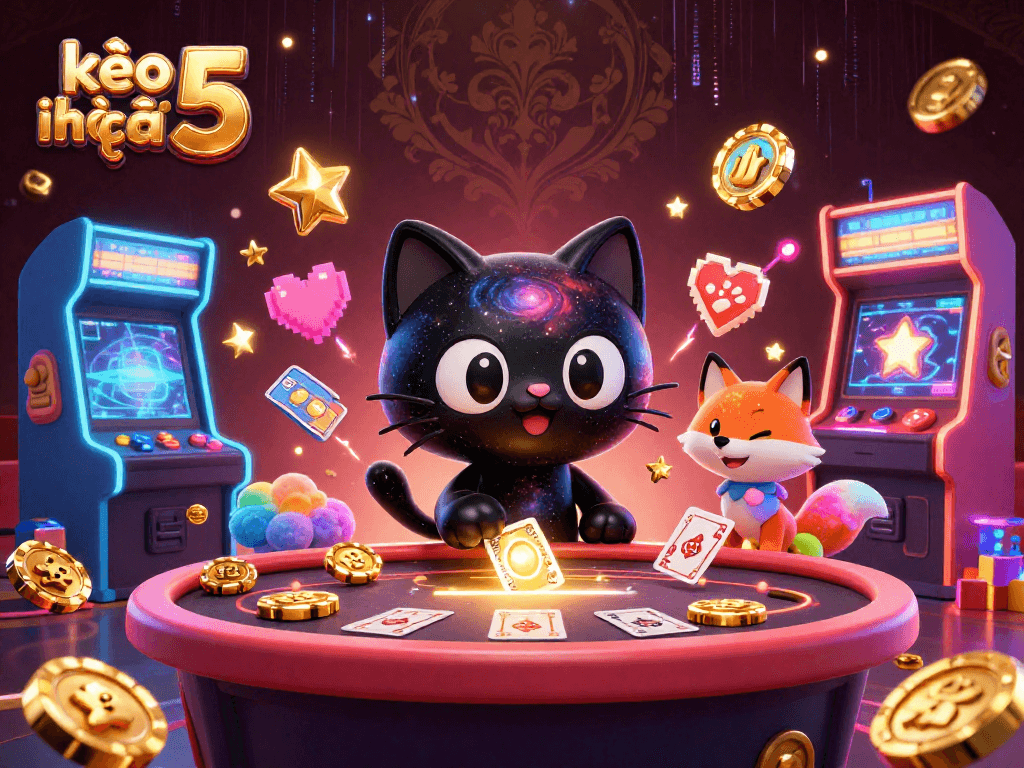 Engage with kèo nhà cái 5 at the cosmic casino featuring a black hole cat and colorful game elements.