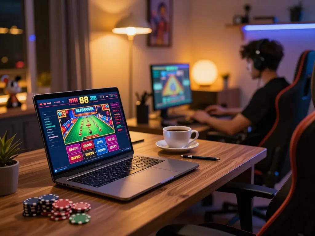Engaging online gaming scene with five88 casino interface on laptop, warm lighting, and focused player.