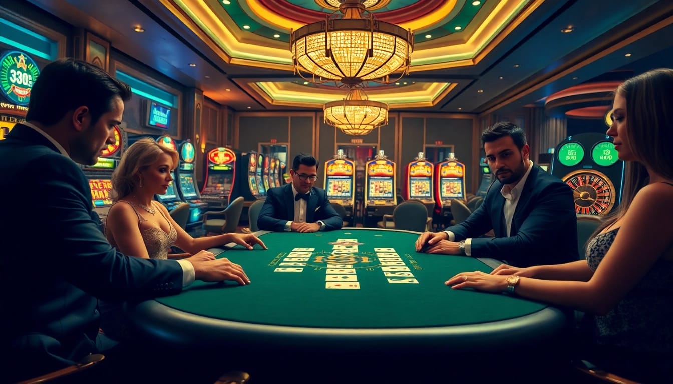 B52 poker players strategizing their next move in a luxurious casino setting