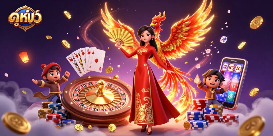 Engage in ดูหนัง with a vibrant 3D casino scene showcasing a woman in ao dai and golden phoenix.