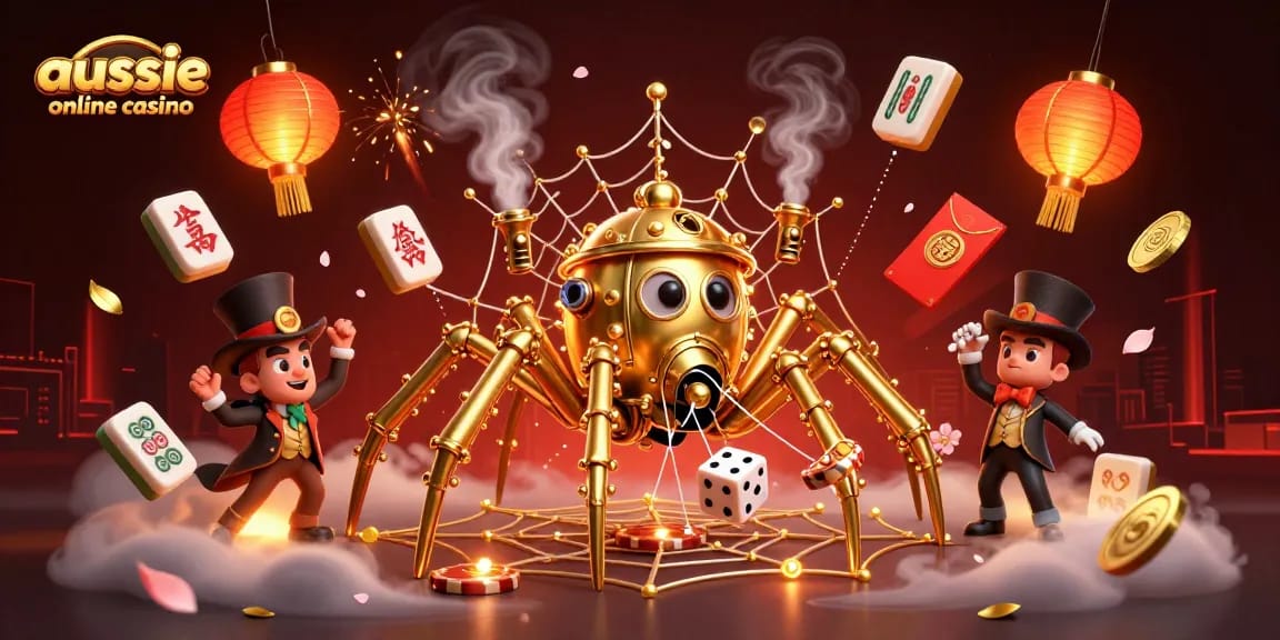 The aussie online casino image showcases a steampunk spider webbing together luck-themed elements amid vibrant colors.