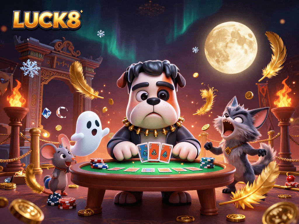 LUCK8 tham gia bàn chơi sôi động với chó Frankenstein và mèo sói giữa một khung cảnh đầy màu sắc.