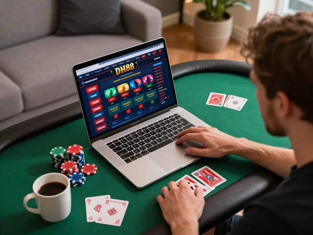 Play poker on DH88 link with vibrant online gaming setup and strategic atmosphere.