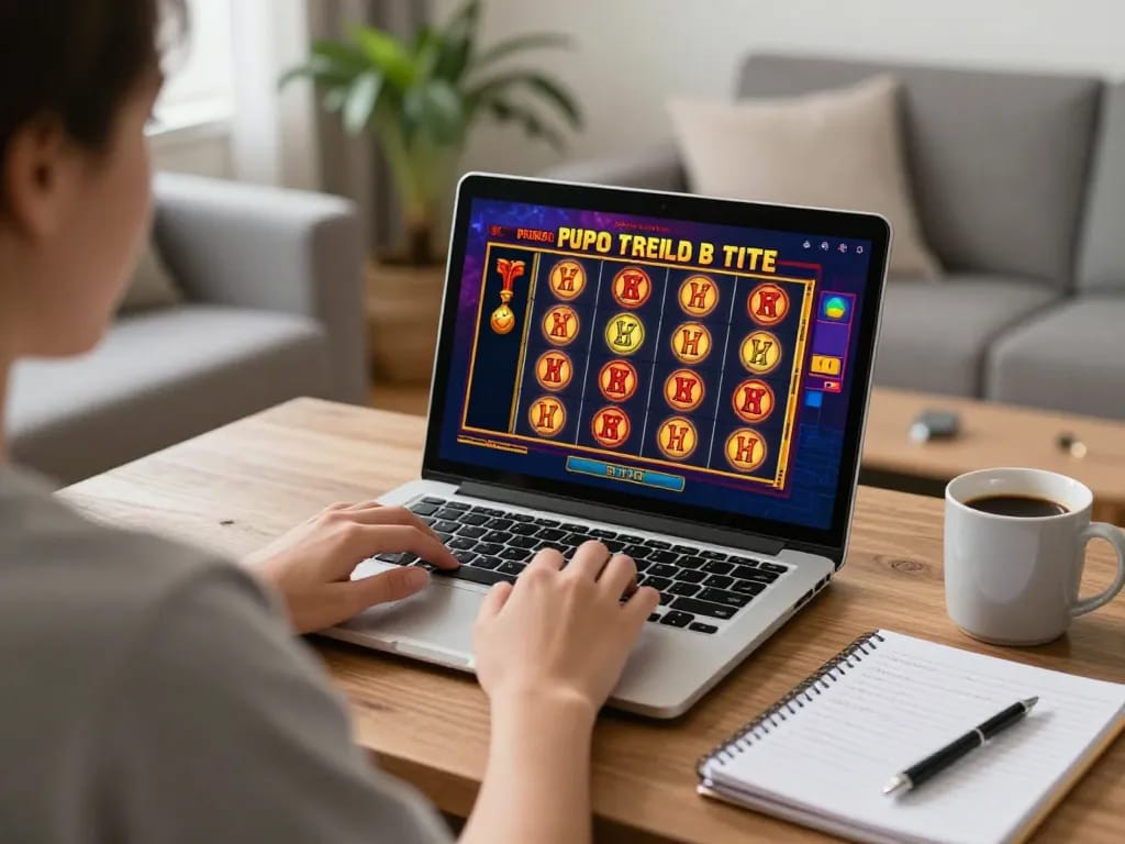 Player enjoying LLWIN online slots from home with engaging gaming setup and cozy ambiance