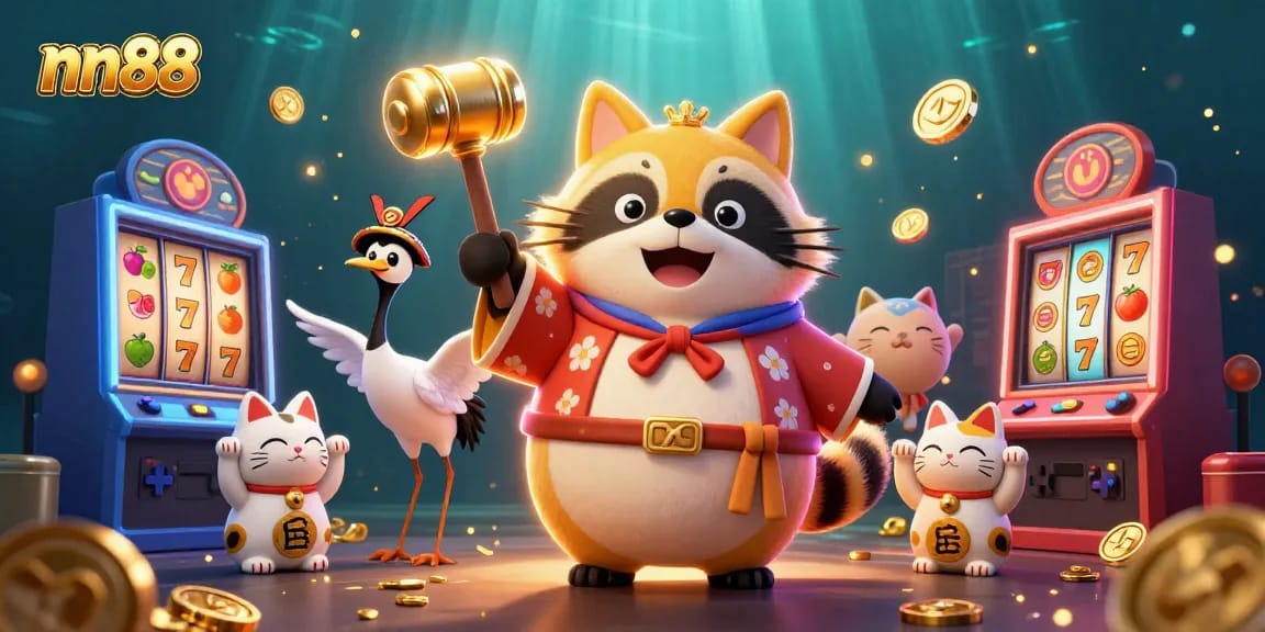 Engage with nn88's vibrant casino scene featuring a lucky tanuki and colorful slots.