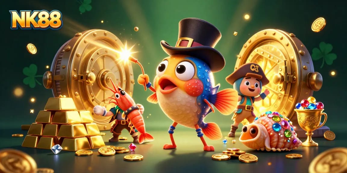 Engage with dynamic NK88 slots experience featuring glittering treasures and playful characters.
