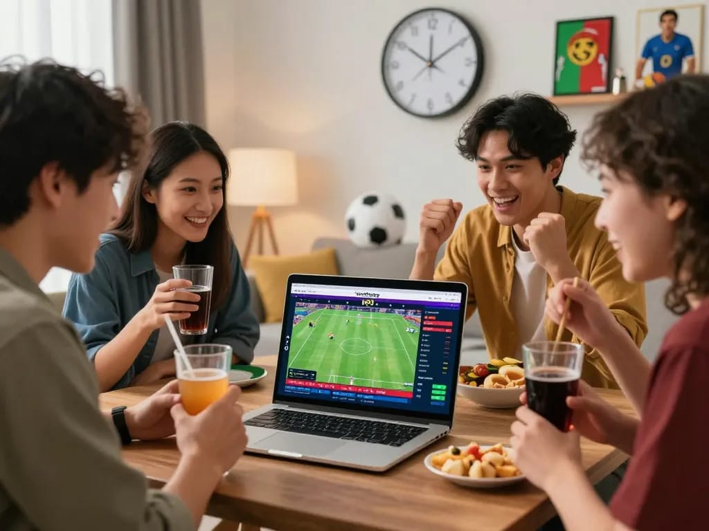 Friends excitedly engaging with vaobong 1gom online betting site in a cozy room with sports memorabilia.