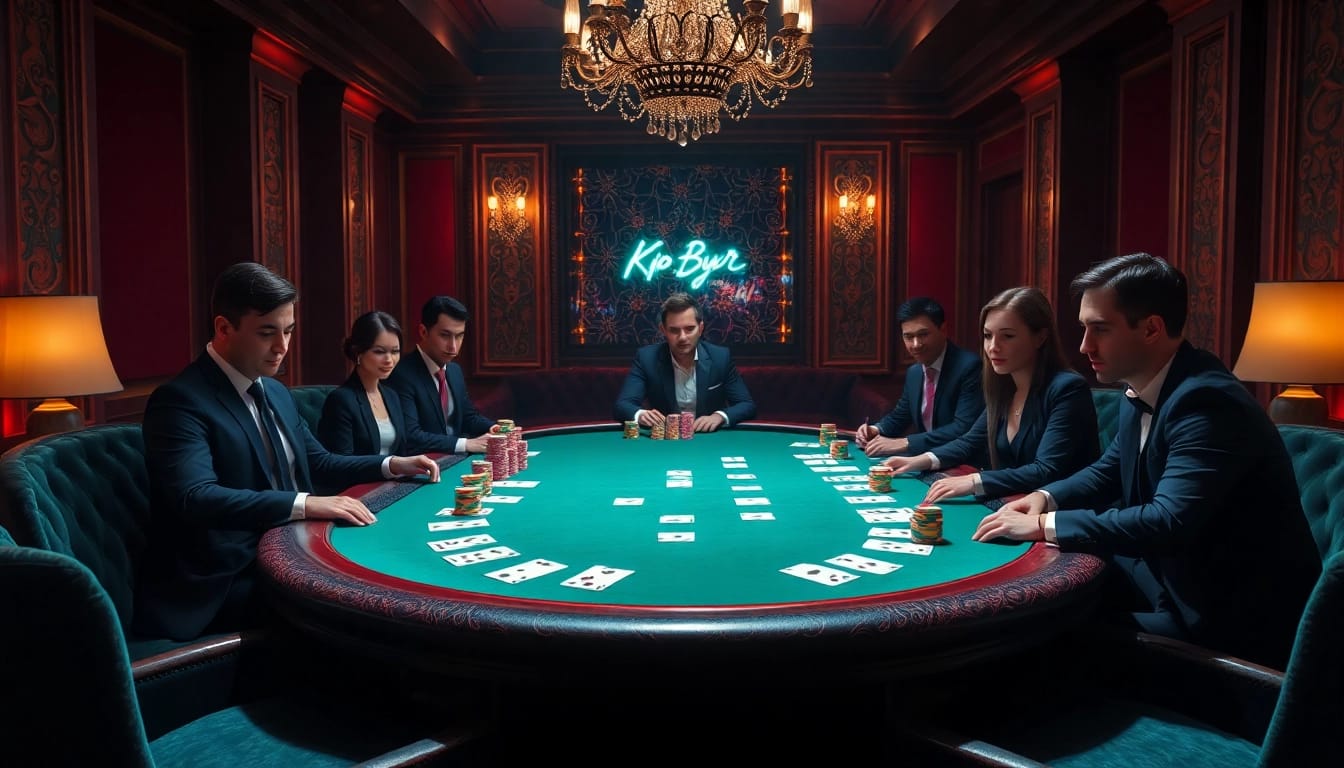 kp88 vip players engaging in a high-stakes poker game with vibrant chips and elegant decor.