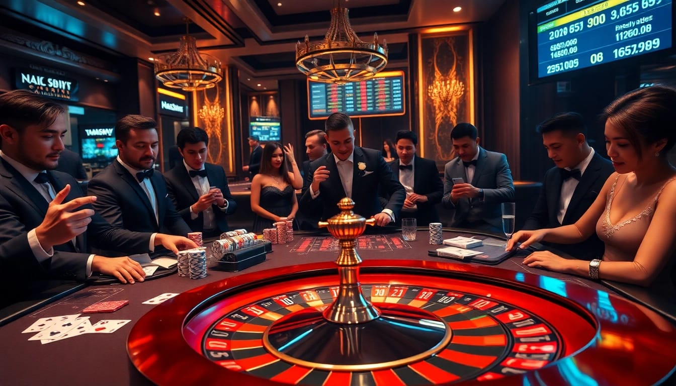 Engaging players analyze kèo nhà cái 5 betting odds at a luxury casino table.