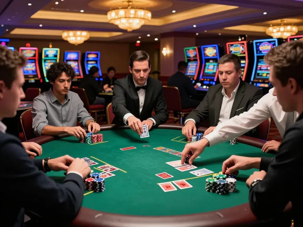 Players at hitclub blackjack table exhibit strategic gameplay in an upscale casino environment.