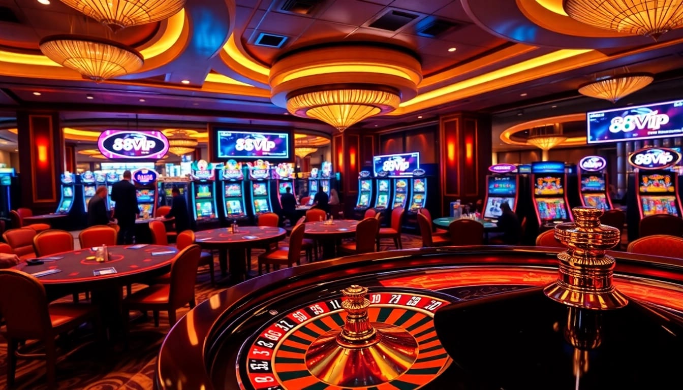 Experience the excitement of playing at 68VIP casino with vibrant slot machines and roulette tables.