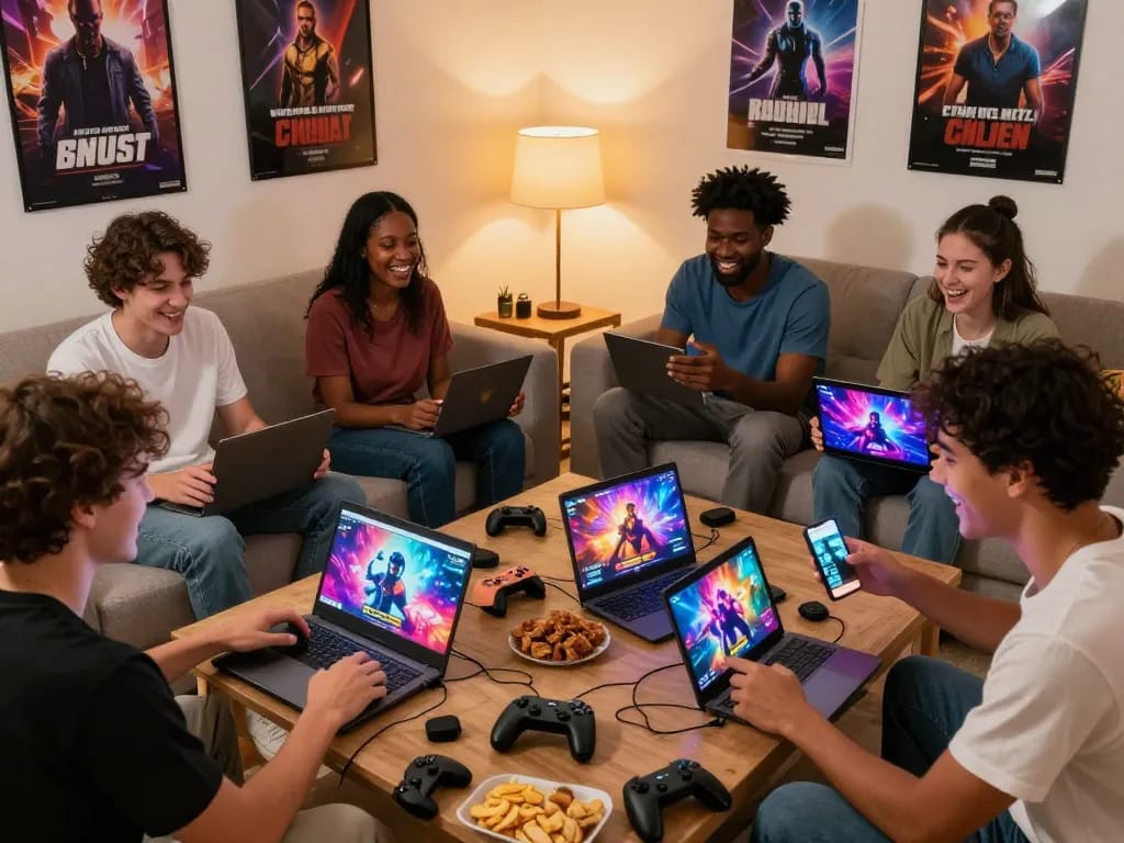 Enjoy engaging porn games in a cozy living room with diverse players on various devices.