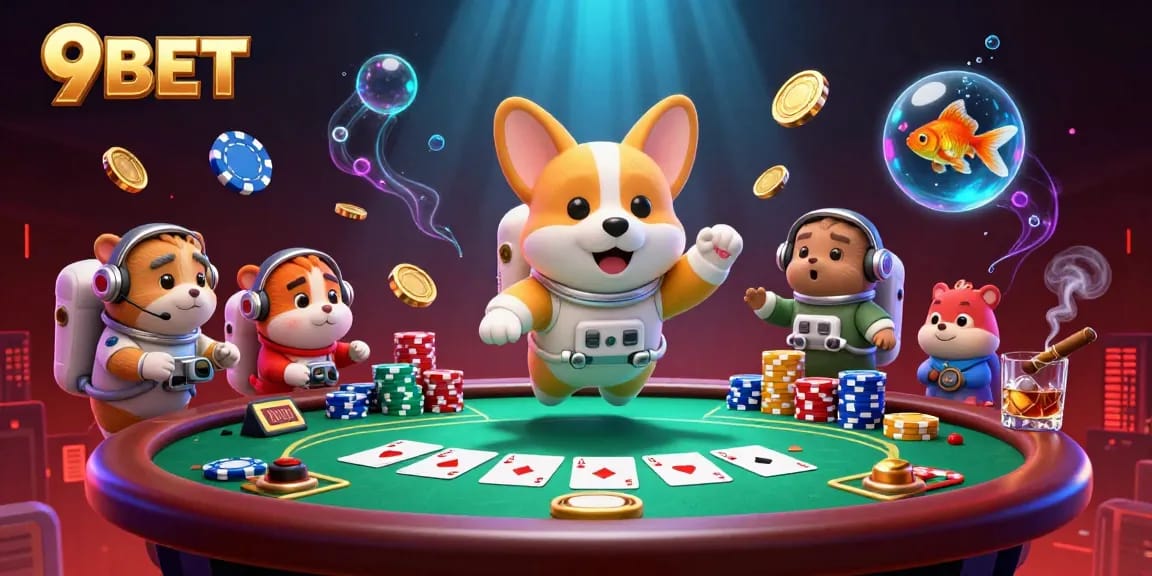Experience the thrill of 9BET with a floating casino scene featuring a cartoon astronaut corgi and vibrant gaming elements.