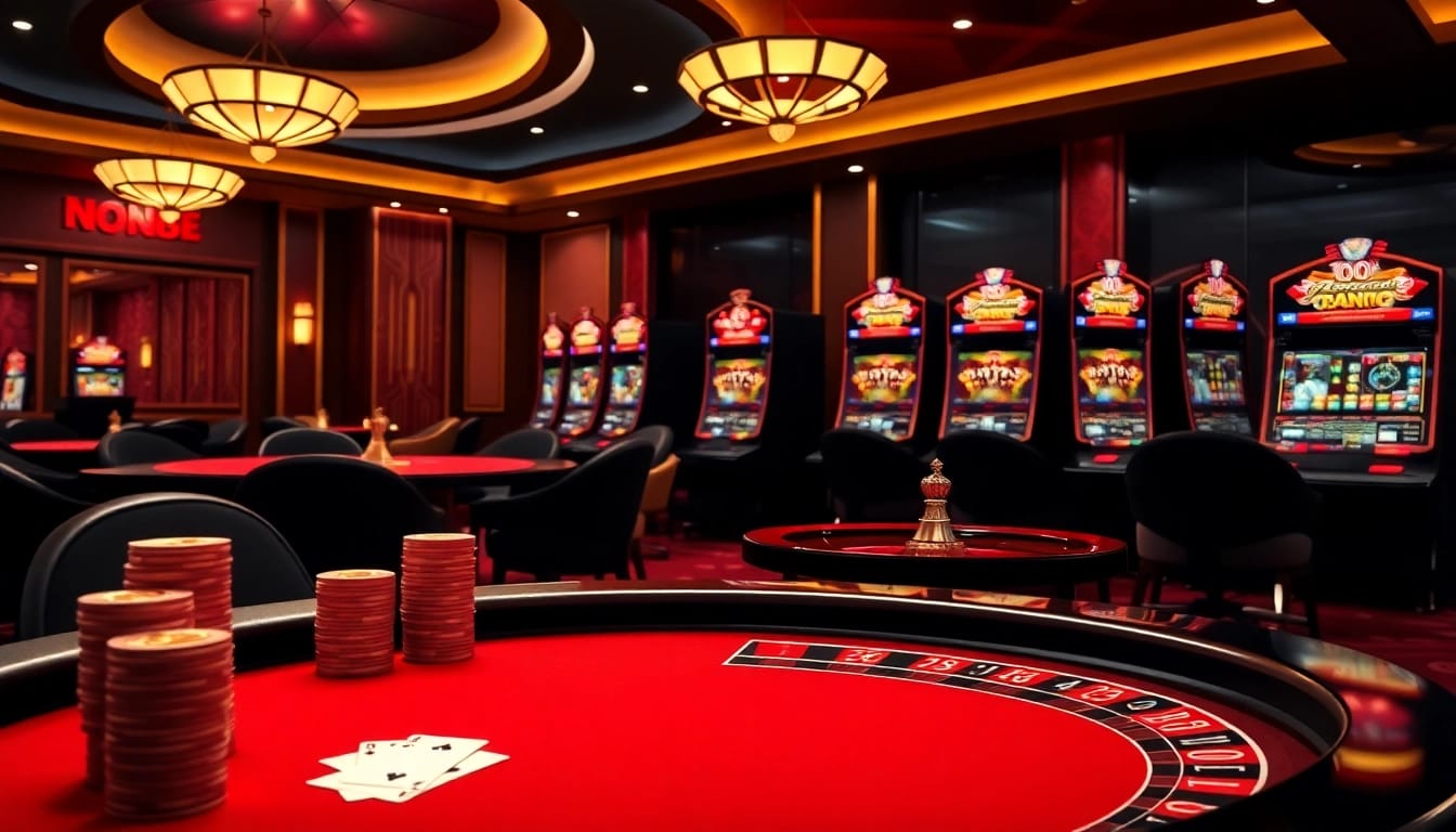 Experience thrilling gameplay and luxury with nohu90.com in a vibrant casino scene featuring poker and slot machines.