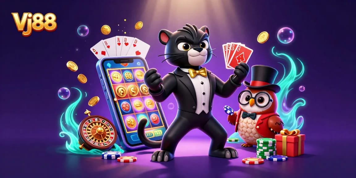 Engage with Vj88's rich gaming experience, as a stylish cartoon panther deals cards amidst vibrant casino elements.