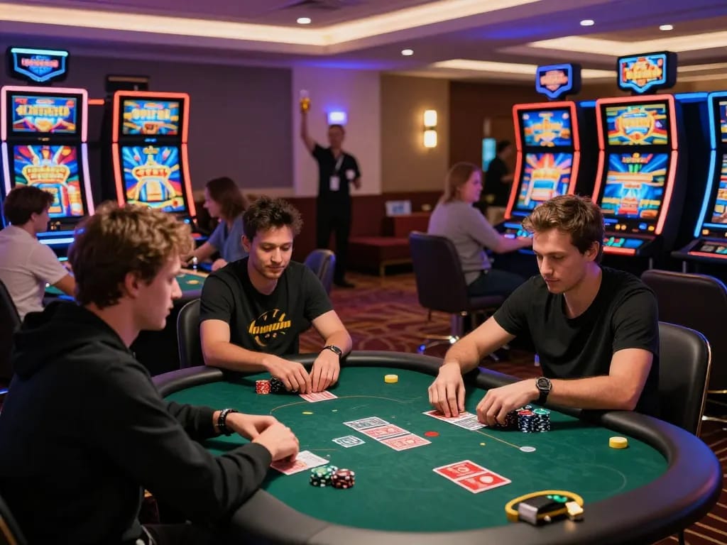 Exciting online gaming scene at gem88 casino with players at poker and slots.