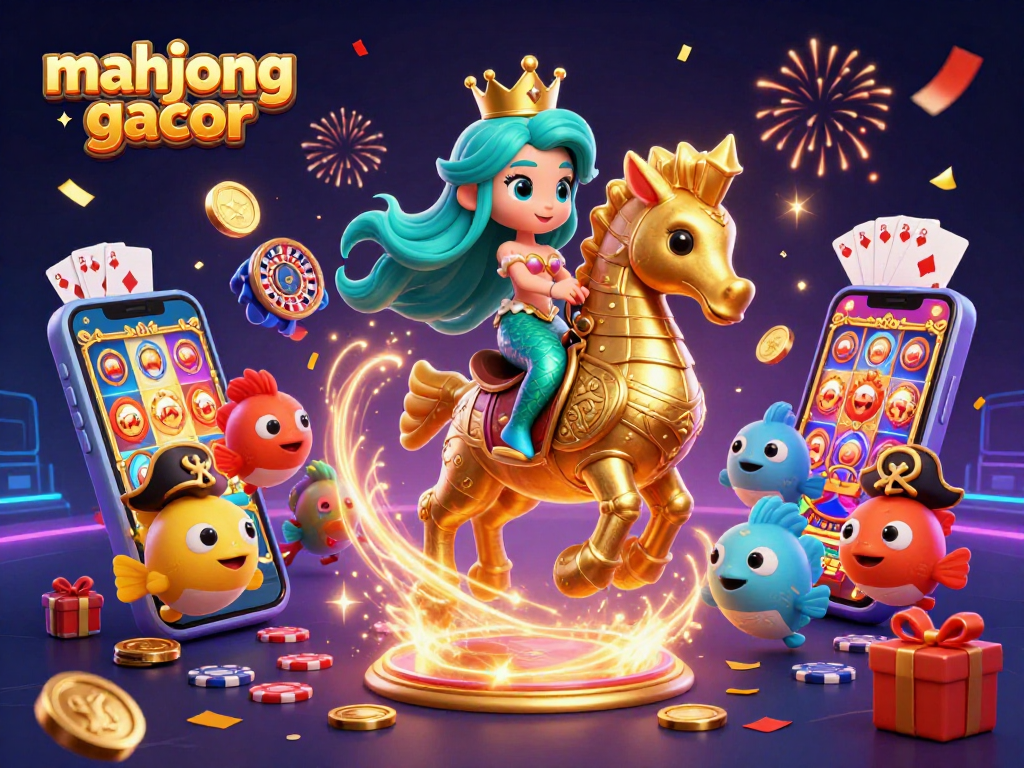 Engage in mahjong gacor with our vibrant 3D illustration showcasing a fantastical casino world filled with dynamic game elements.