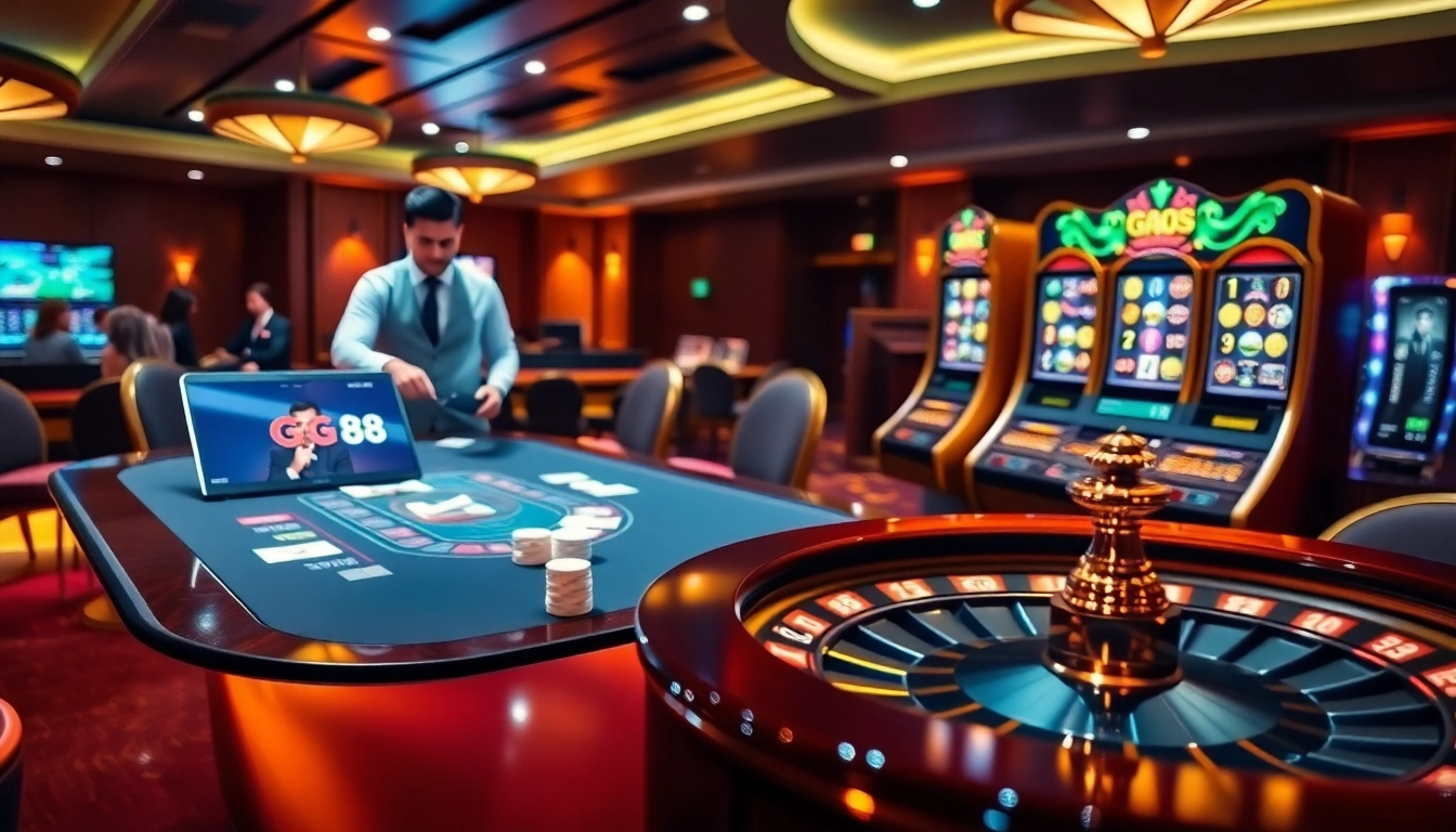 Experience the excitement of gg 88 with vibrant casino scenes featuring modern tables and thrilling action.