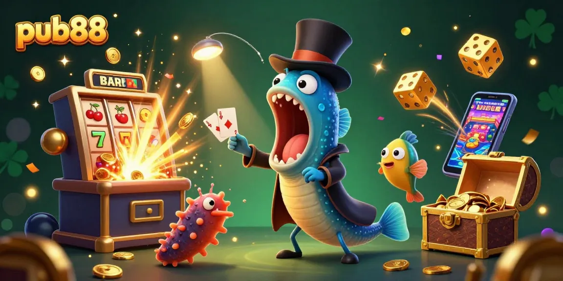 Experience the excitement of pub88 with a vibrant casino-themed magical scene full of colorful elements and characters.