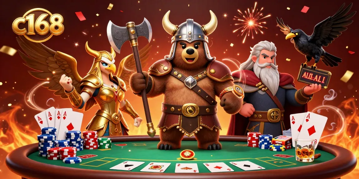 c168 showcases an epic Viking bear and Valkyrie at a vibrant poker table.