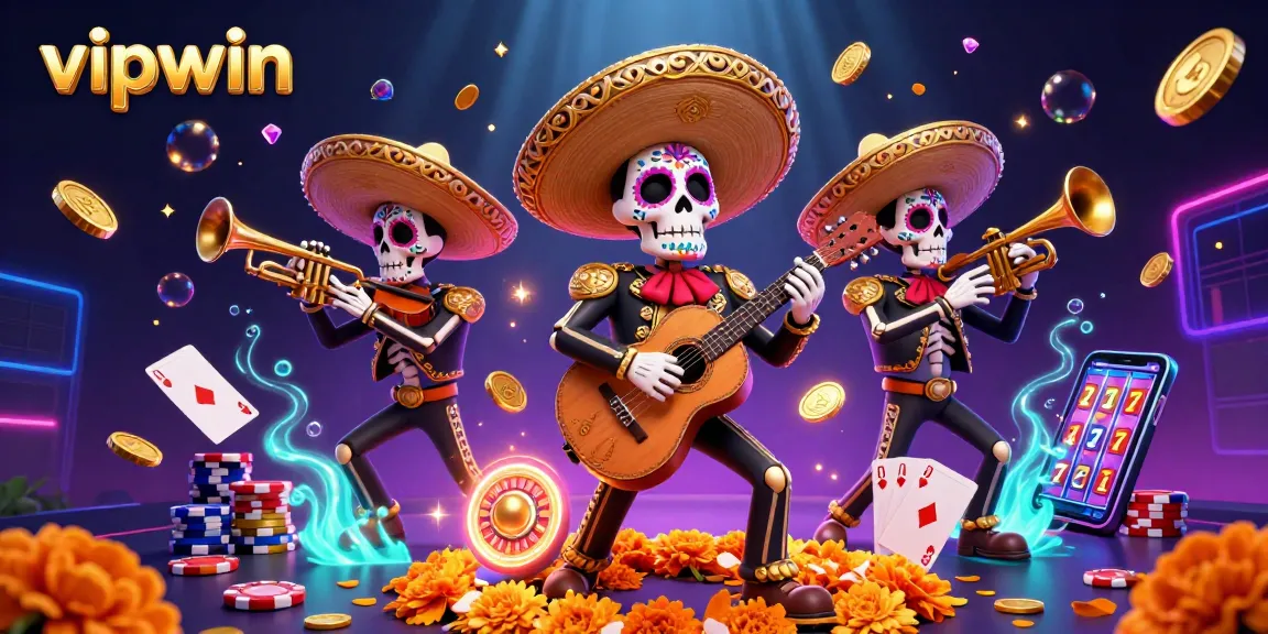 Experience the thrill of playing at vipwin as a vibrant Dia de los Muertos mariachi band fills the scene with golden coins and casino elements.
