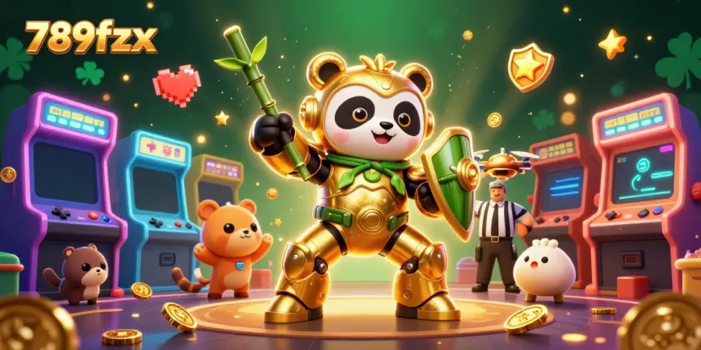 Engage with thrilling gameplay at 789fzx featuring a panda piloting a robot in a vibrant casino arena.