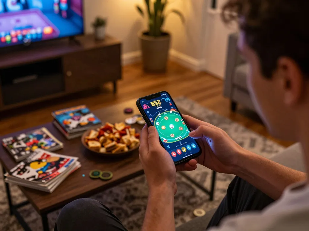B52 Club user engaged in online poker game on smartphone in a cozy living room setting