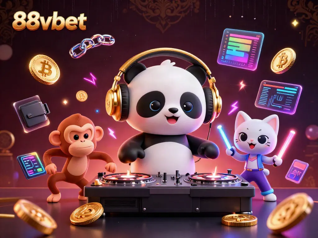 Experience the lively 88vbet scene with a DJ panda and a dancing monkey amidst cryptocurrency elements.