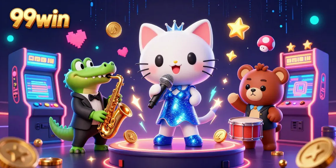 Engage in 99win gaming with vibrant characters and casino elements in a lively 3D scene.