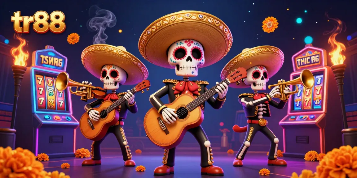 Experience excitement at tr88 with a vibrant 3D illustration of a lively mariachi band amidst slot game elements.