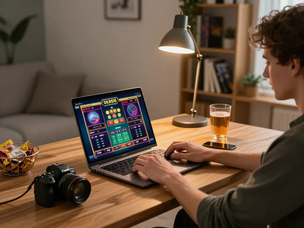 Engaging in online casino gameplay at home using a laptop on a stylish desk at https://kjc365.com/ with vibrant graphics and warm lighting.