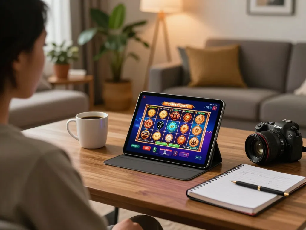 rikvip player engaging with fun online slot games on a tablet in a cozy home setting