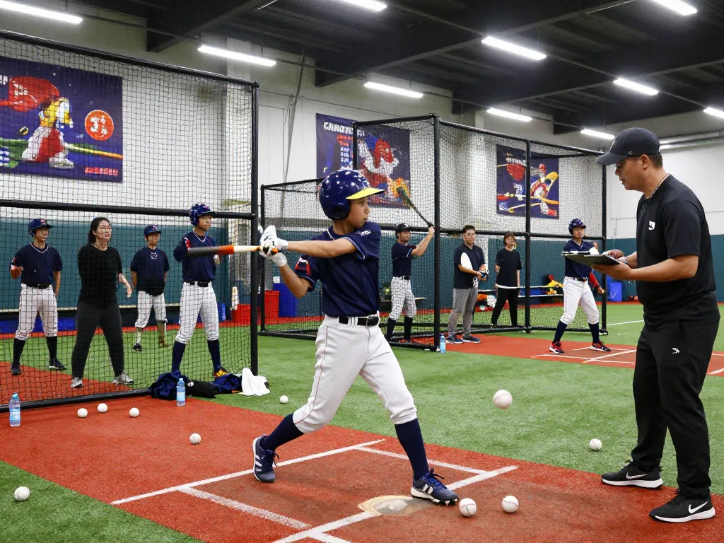 Hitclub athlete training intensely in batting cage, surrounded by team support and motivational environment.