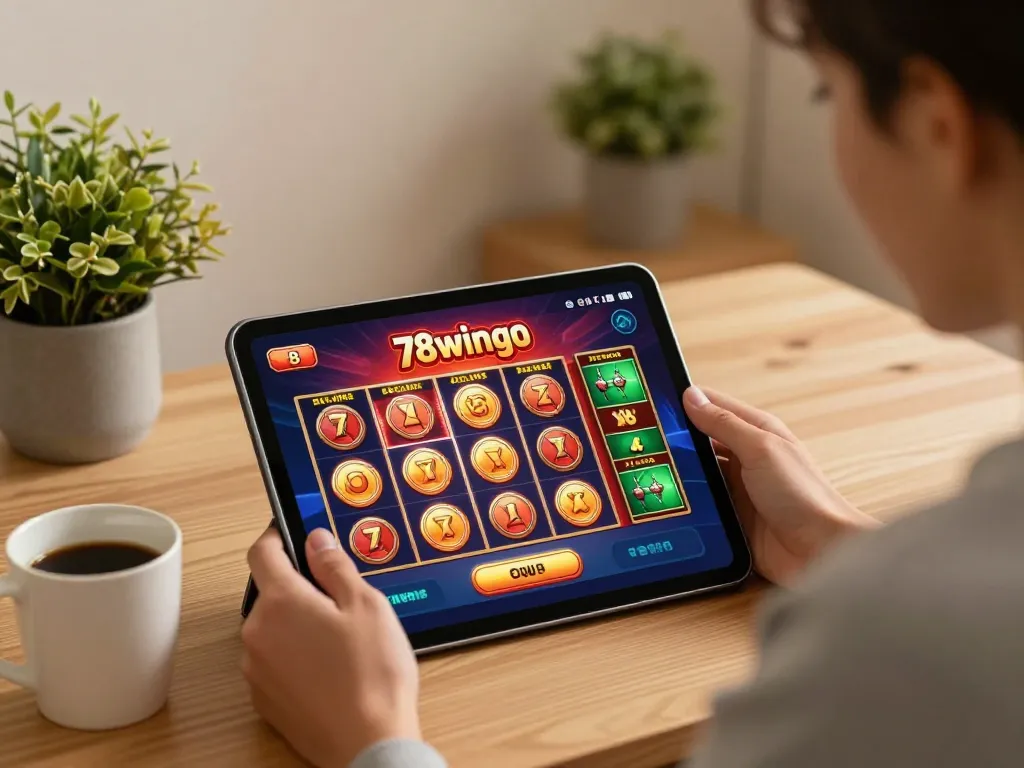 Person enjoying gaming on the 78wingo app in a cozy home office environment.