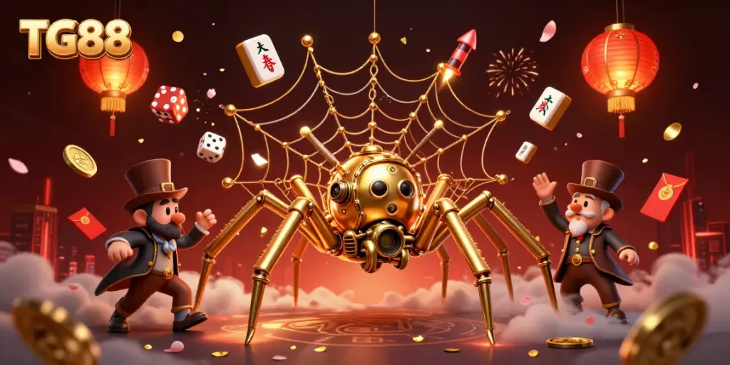 Experience the excitement of TG88 with a vibrant 3D illustration depicting a steampunk spider and gaming elements.