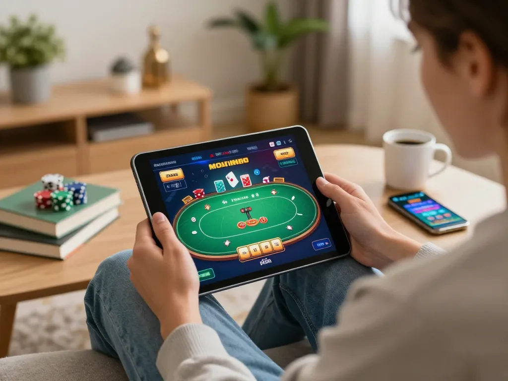Engaging scene of VIPWIN online gaming with a person using a tablet to play poker at home, showcasing strategic gameplay.