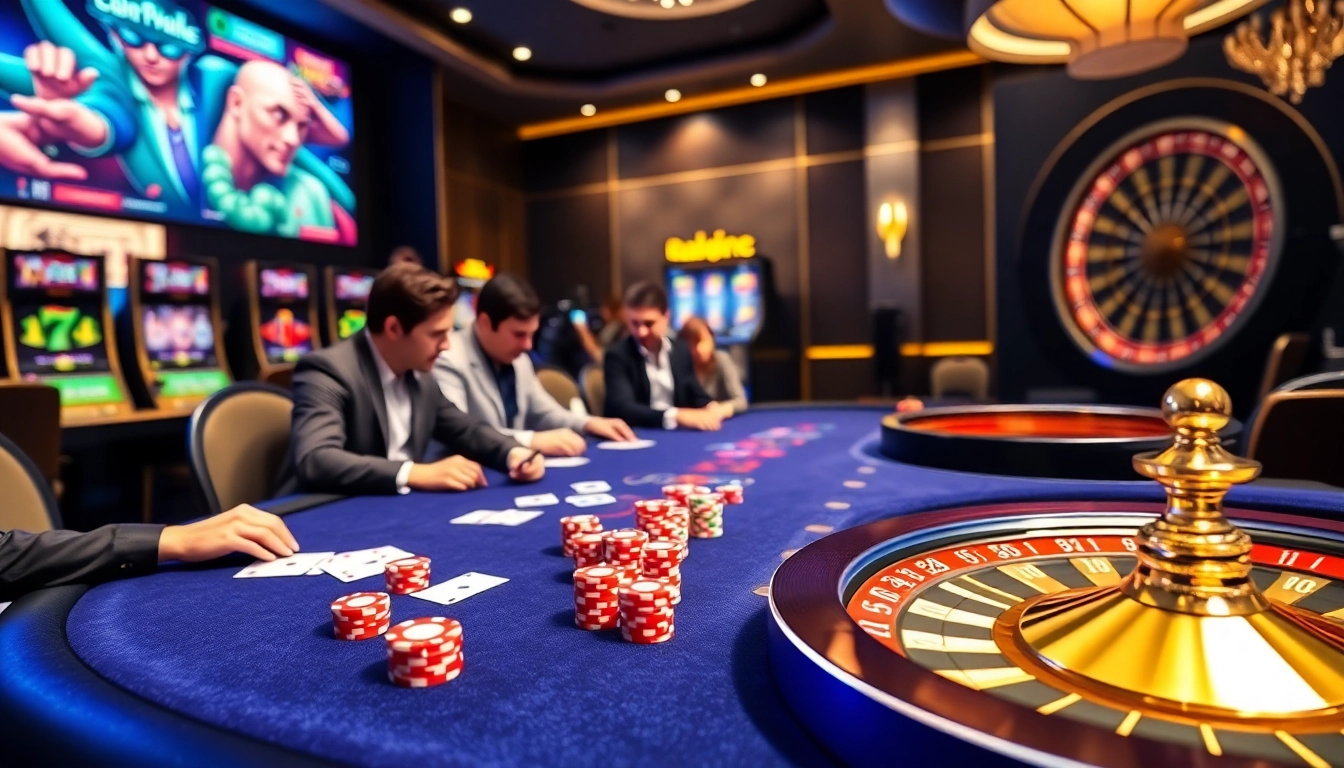 Playing poker and spinning roulette at https://nk88net.com/ with vibrant casino ambiance.