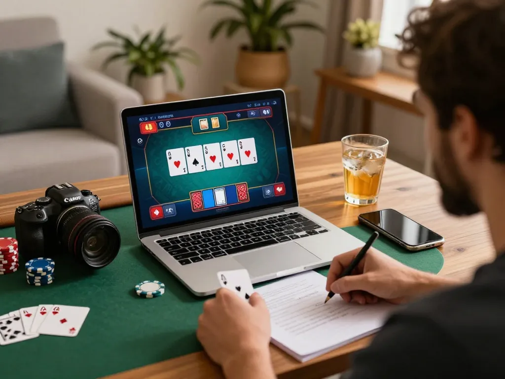 MM88 player strategizing poker moves while gaming online from a cozy home set-up.