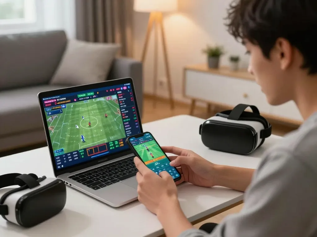 Person using mobile device for 999bet sports betting in modern living room, showcasing a lively online gaming atmosphere.