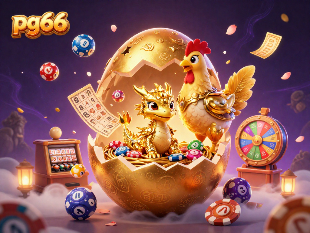 Experience the thrill of pg66 with a vibrant 3D illustration of a golden dragon guarding poker chips amidst lottery excitement.