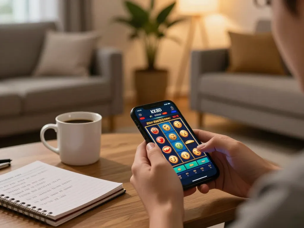 Player enjoying the KKBD Casino app on smartphone featuring vibrant slot game.