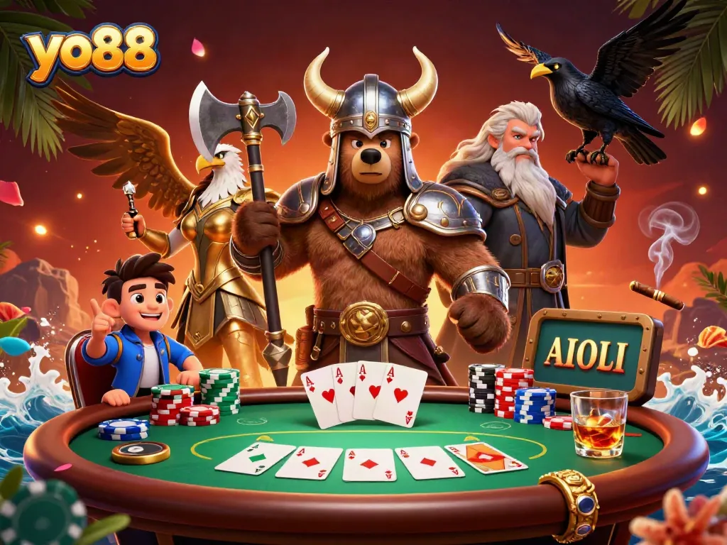 Experience the excitement and strategy of yo88 poker with a Viking bear and Valkyrie in a vibrant casino scene.