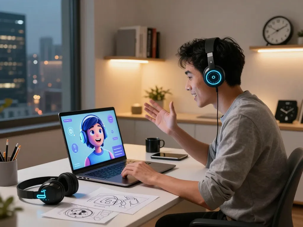 Interactive crushon character session in a modern home workspace with tech elements.
