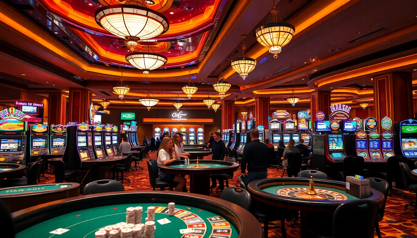 Exciting gaming action at F 168 casino with roulette tables and slots.